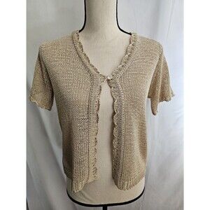 Sag Harbor Cardigan Short Sleeve Open Knit  Sweater Tan Womens Size Petite Small
